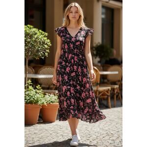 Evan Picone Petite Black Pink Rose Flutter Sleeve Dress 10P